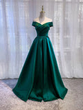 Simple green satin off shoulder long prom dress, green bridesmaid dress