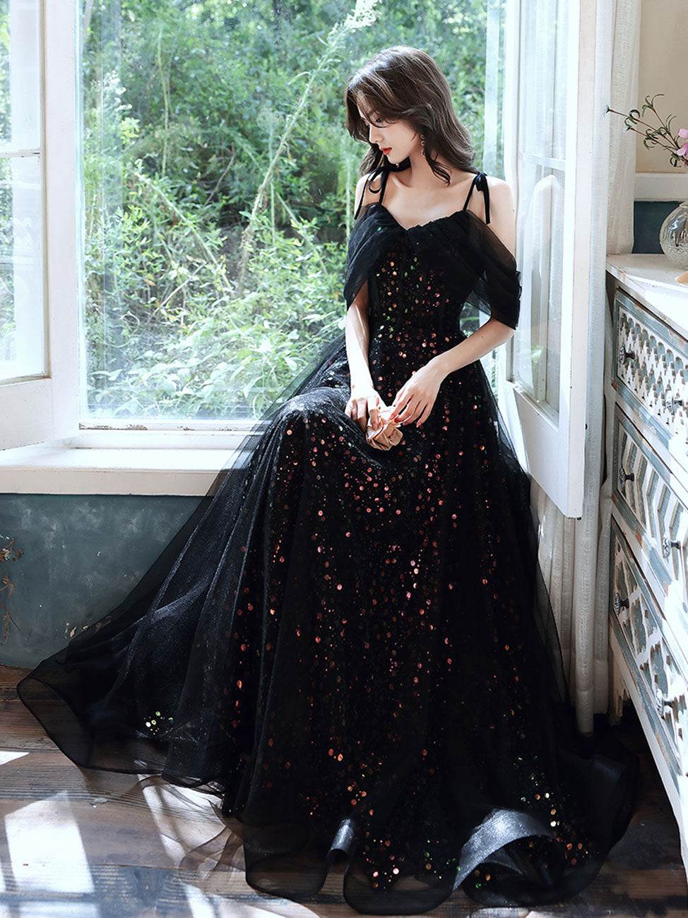 A Line Black Long Prom Dresses, Off Shoulder Tulle Long Evening Dress with Sequin Tulle