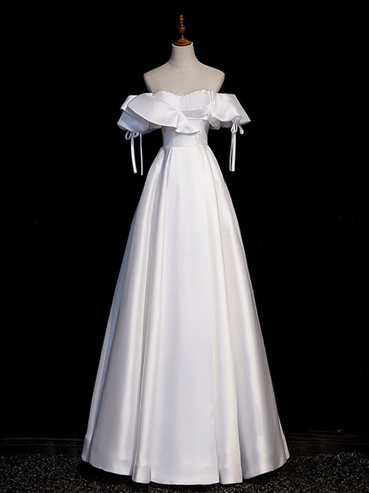 White A-Line Satin Long Prom Dresses, White Evening Dresses