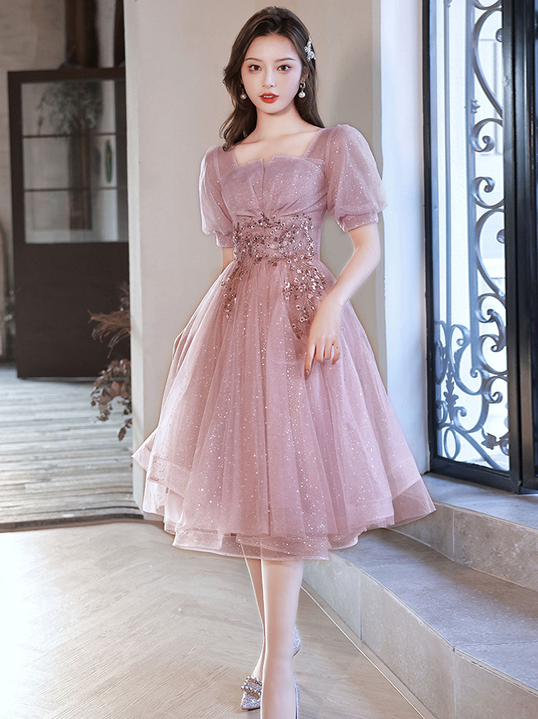 Pink tulle sequin short prom dress pink tulle formal dress Pink tulle sequin short prom dress pink tulle formal dress