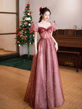 Unique sweetheart neck tulle long prom dress puff sleeves long formal dress