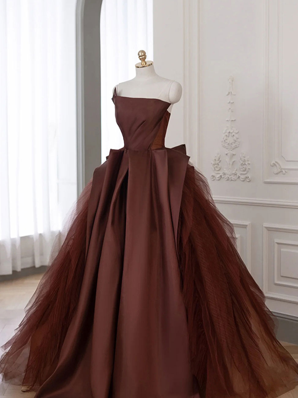 Brown Satin Tulle Long Prom Gown, Brown Long Formal Evening Dresses Brown Satin Tulle Long Prom Gown, Brown Long Formal Evening Dresses