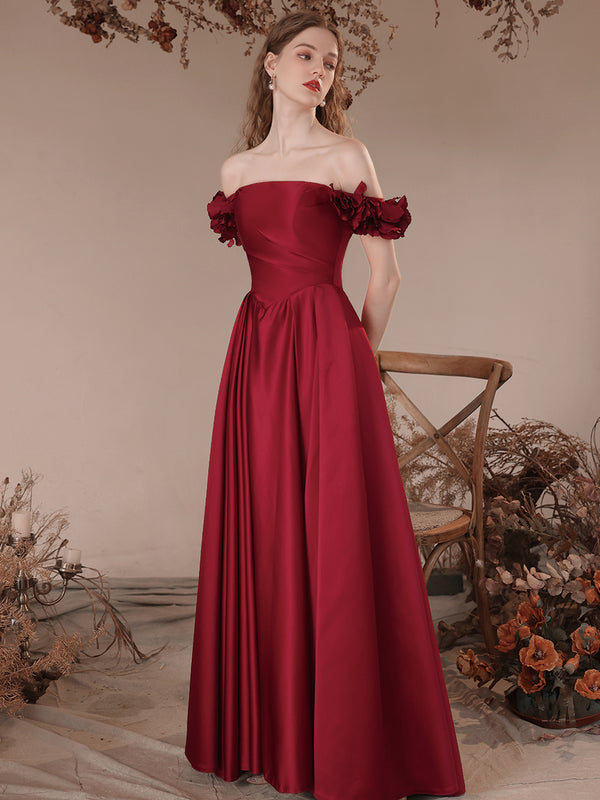 Burgundy A-Line Off Shoulder Satin Long Prom Dress, Burgundy Formal Evening Dress