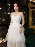 White sweetheart neck tulle lace long prom dress, white formal dress