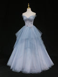 Blue A line sweetheart neck tulle long prom dress blue formal dress