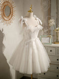 White sweetheart neck tulle lace short prom dress, white tulle homecoming dress