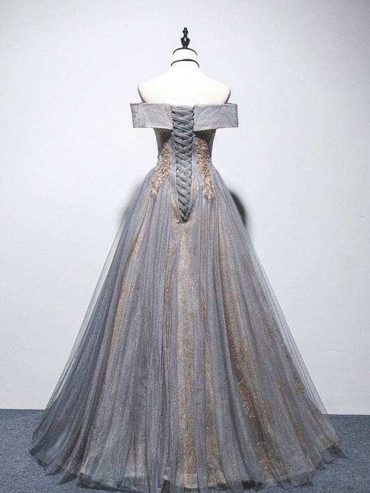 Gray blue tulle off shoulder lace long prom dress, tulle formal dress