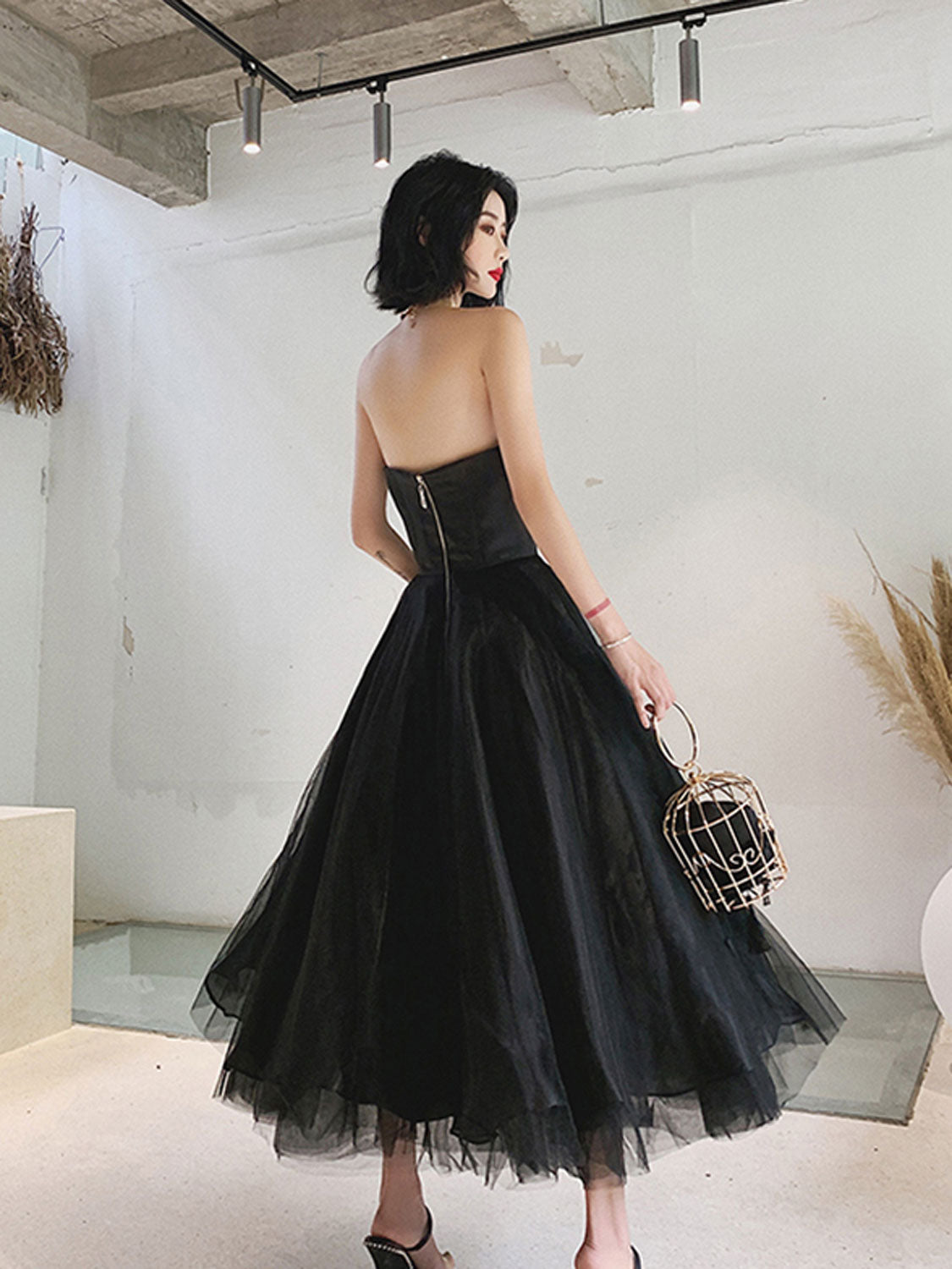 Simple black tea length prom dress black tulle homecoming dress