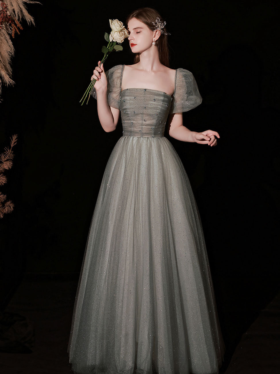 A Line Gray Long Prom Dress, Gray Tulle Sequin Graduation Dresses dresstby A Line Gray Long Prom Dress, Gray Tulle Sequin Graduation Dresses dresstby