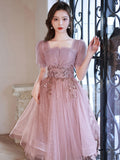 Pink tulle sequin short prom dress pink tulle formal dress