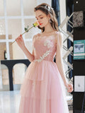 Pink tulle long prom dress, pink A line tulle lace graduation dress