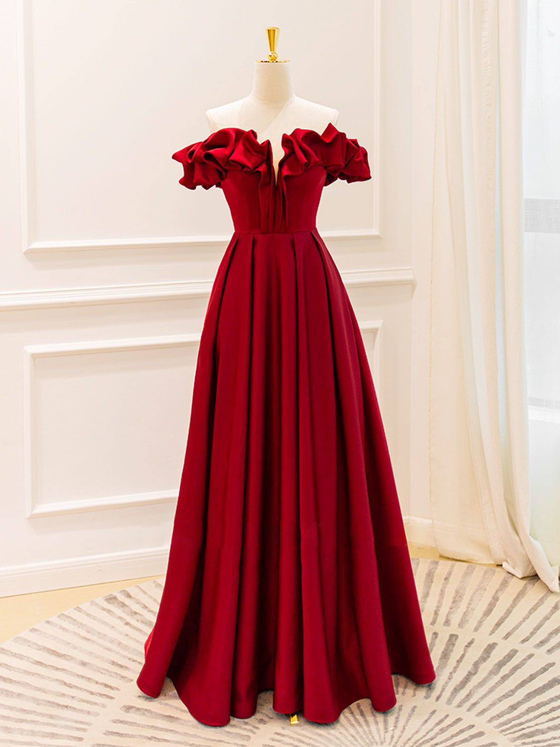 A-Line Off Shoulder Satin Burgundy Long Prom Dress, Burgundy Evening D ...