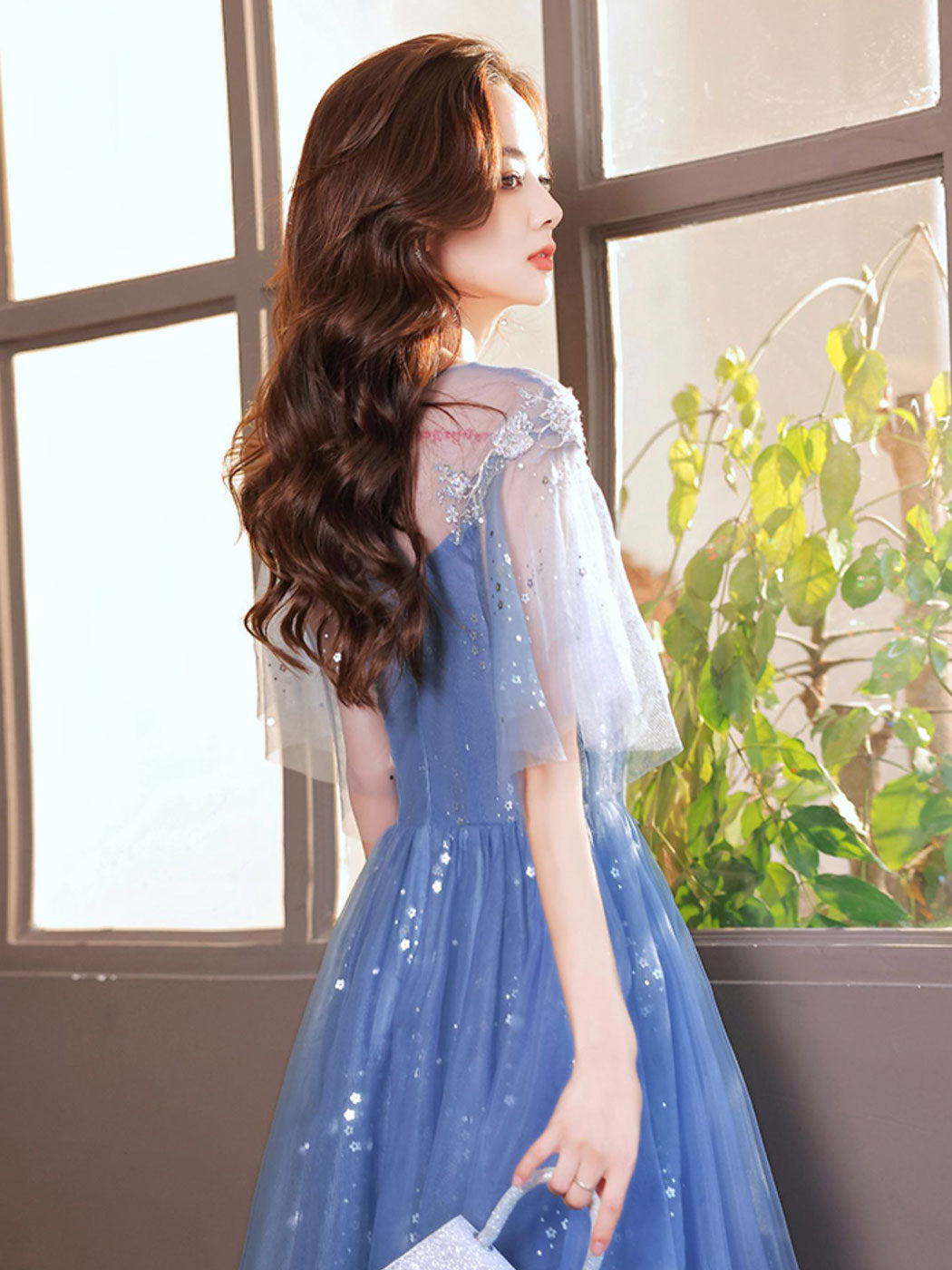 Blue A-Line Tulle Sequin Long Prom Dress, Blue Formal Evening Dress