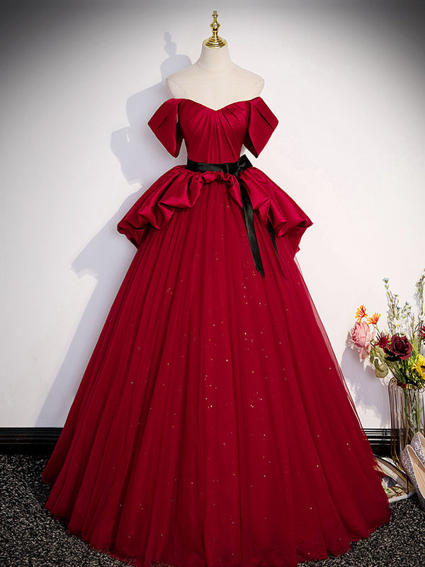 A-Line Satin Burgundy Long Prom Dress, Burgundy Evening Dresses