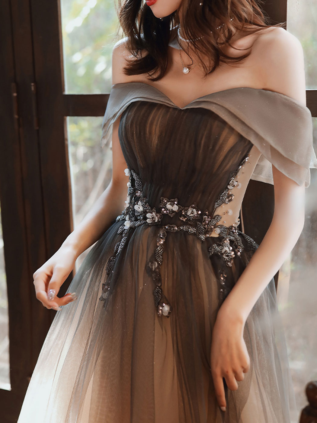 Brown Long Prom Dresses, A line Off Shoulder Brown Formal Graduation D