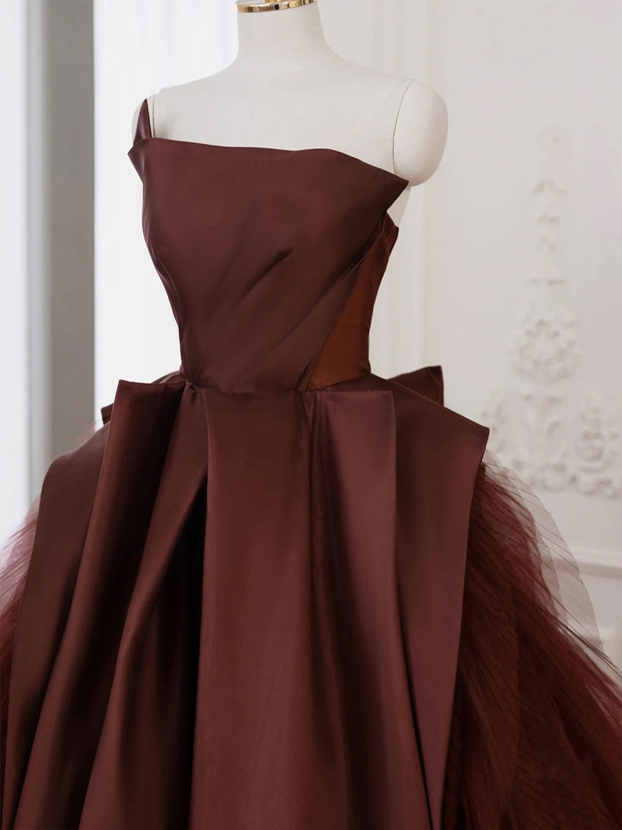 Brown Satin Tulle Long Prom Gown, Brown Long Formal Evening Dresses