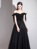 Simple black off shoulder tulle long prom dress, black evening dress