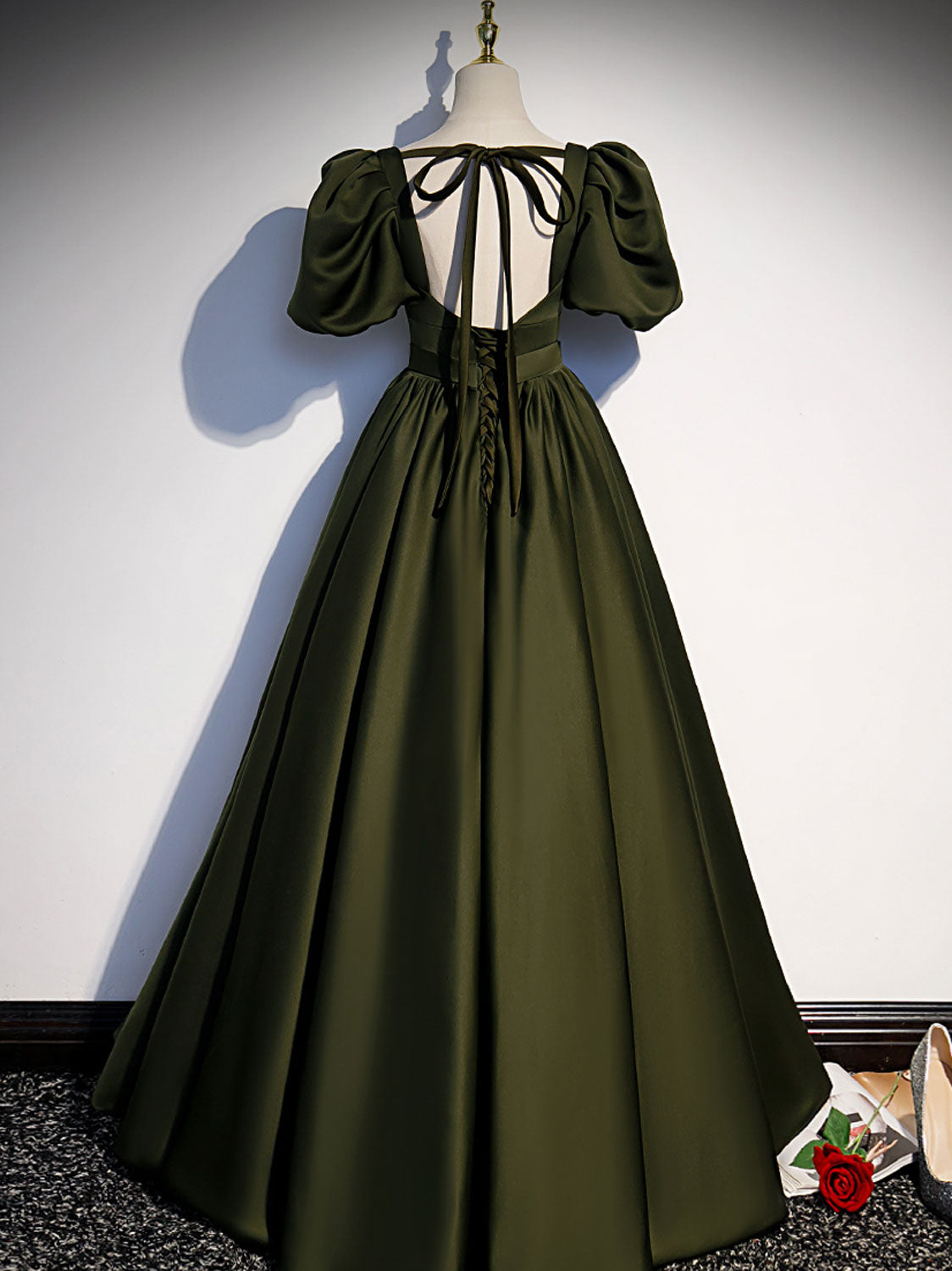 Green satin A line long prom dress, green formal party dress