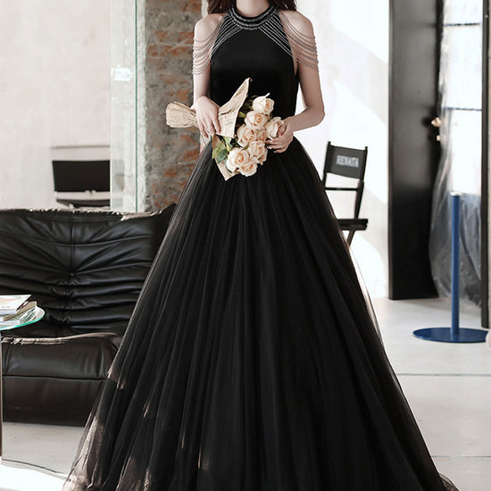 Black A line tulle beads long prom dress, black evening dress dresstby Black A line tulle beads long prom dress, black evening dress dresstby