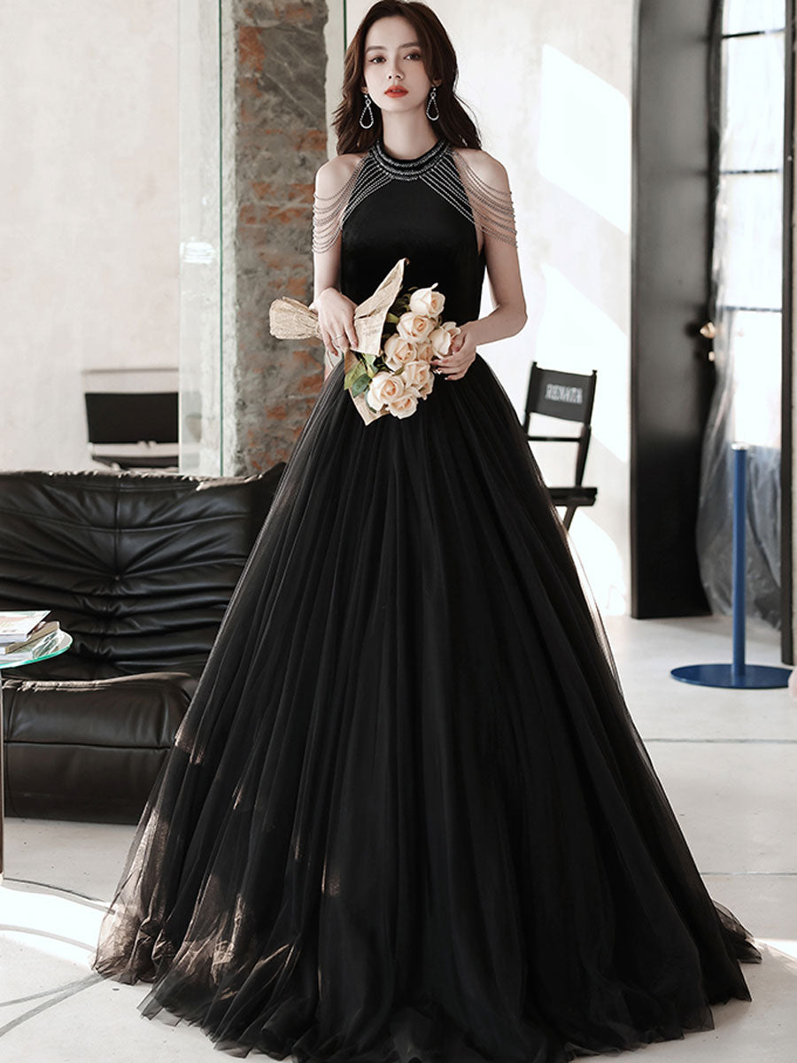 Black A line tulle beads long prom dress, black evening dress