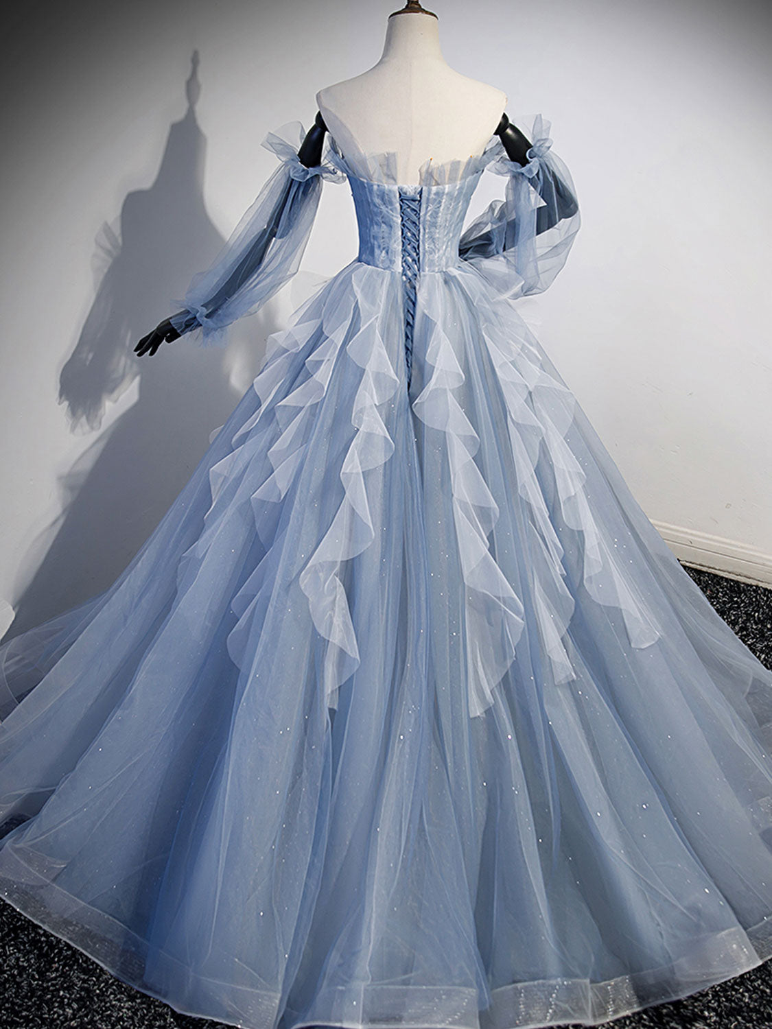 A-Line Tulle Gray Blue Long Prom Dress