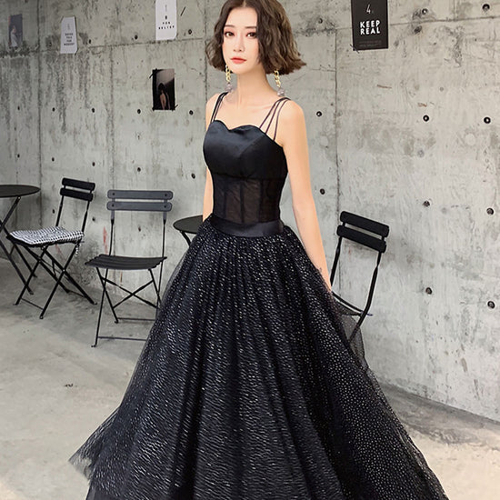 Black tulle sequin long prom dress, black tulle formal dress – dresstby