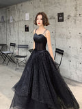 Black tulle sequin long prom dress, black tulle formal dress