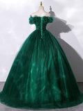 Green tulle off shoulder long prom dress, green tulle sweet 16 dress