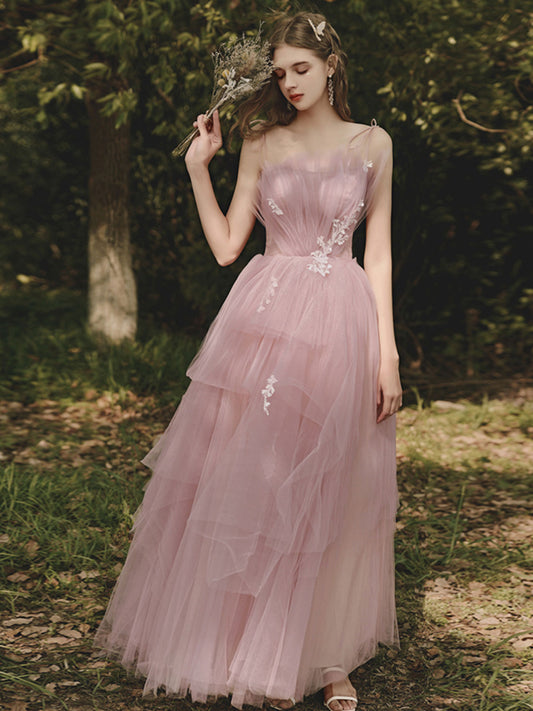 A line Tulle Pink Long Prom Dresses, Formal Pink Graduation Dress With Lace Beading