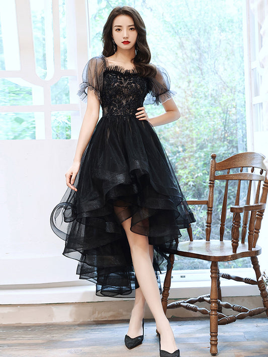 Black tulle high low prom dress , black lace homecoming dress