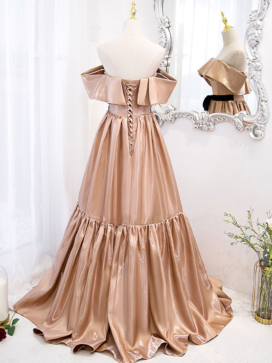 Simple champagne off shoulder long prom dress champagne bridesmaid dress