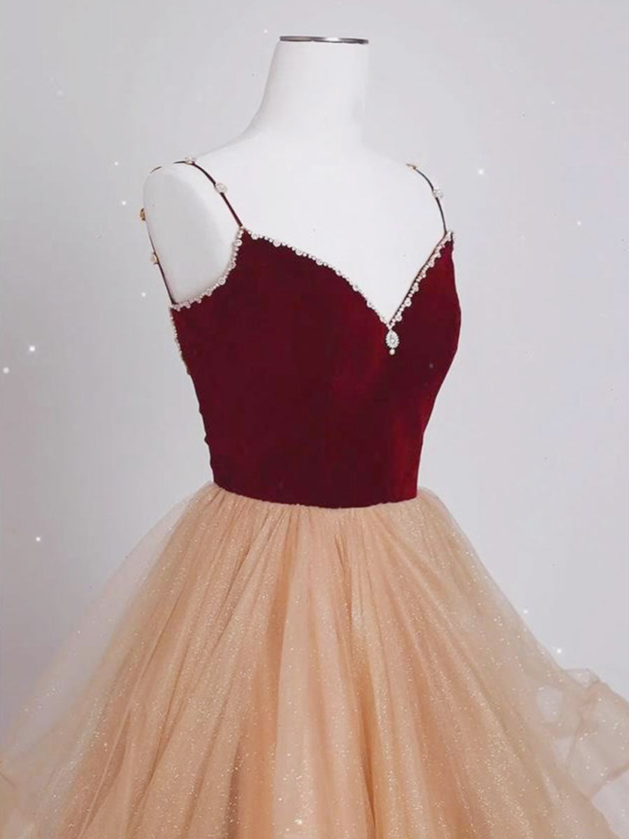 Champagne/Burgundy Long Prom Dress, A-line Tulle Formal Graduation Dre dresstby Champagne/Burgundy Long Prom Dress, A-line Tulle Formal Graduation Dre dresstby