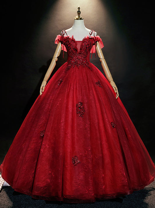 Burgundy off shoulder tulle lace long prom dress burgundy sweet 16 dress