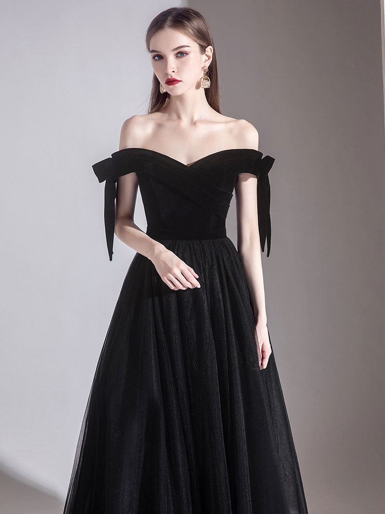 Simple black off shoulder tulle long prom dress, black evening dress – dresstby Simple black off shoulder tulle long prom dress, black evening dress – dresstby