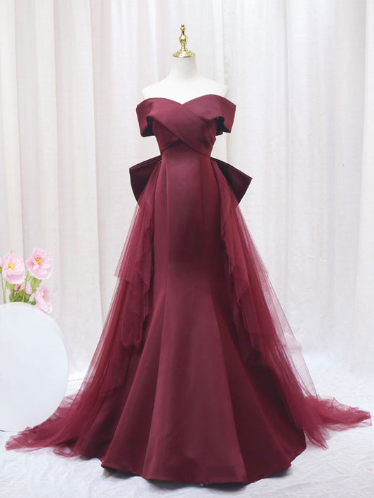Burgundy Mermaid Tulle Long Prom Dress, Burgundy Formal Evening Dress