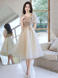 Champagne tulle sequin short prom dress, champagne homecoming dress