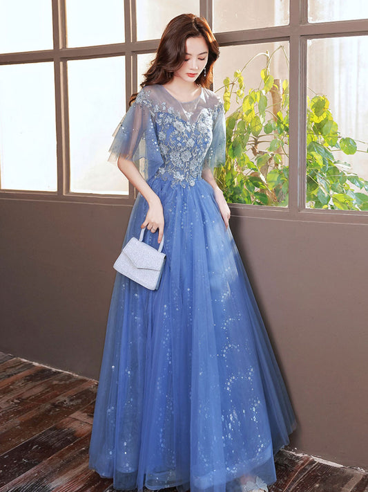 Blue A-Line Tulle Sequin Long Prom Dress, Blue Formal Evening Dress