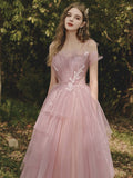 A line Tulle Pink Long Prom Dresses, Formal Pink Graduation Dress With Lace Beading