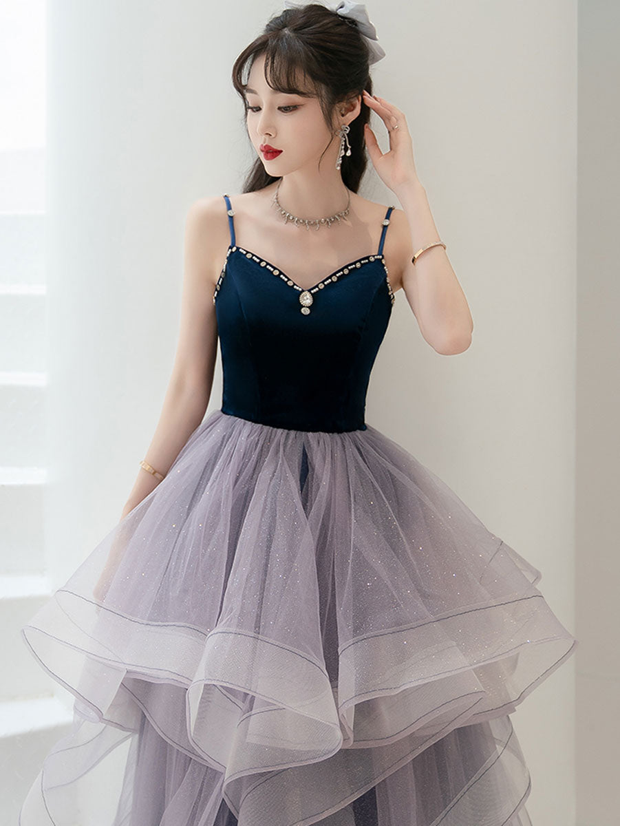 Purple sweetheart neck tulle long prom dress, purple evening dress