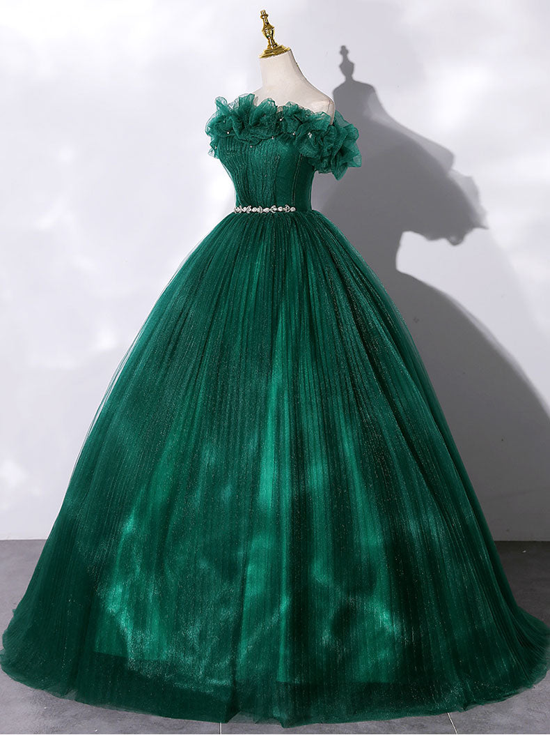 Green tulle off shoulder long prom dress, green tulle sweet 16 dress