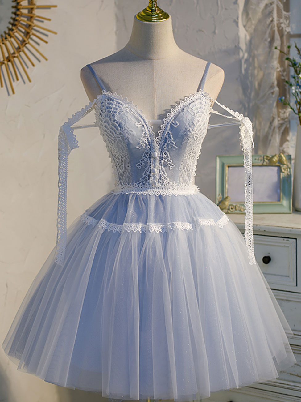 Blue Short Prom Dresses, Aline Lace v Neck Blue Homecoming Dresses