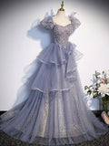 A-Line Gray Sequin Long Prom Dress, Sequin Tulle Formal Evening Dresses