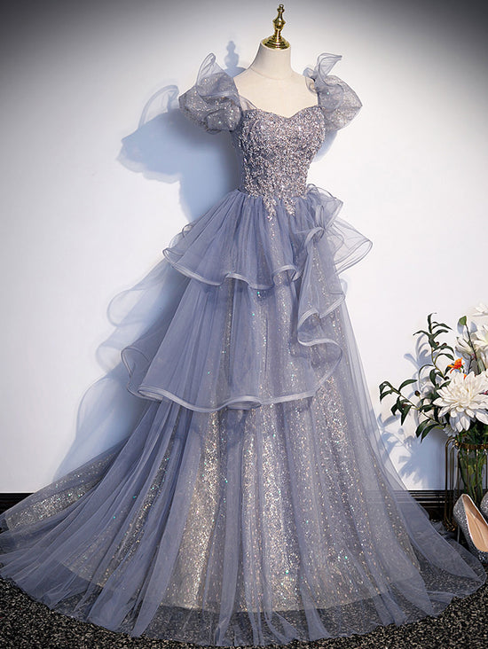 A-Line Gray Sequin Long Prom Dress, Sequin Tulle Formal Evening Dresse ...