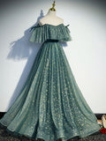 Green A line tulle Star tulle long prom dress green formal party dress
