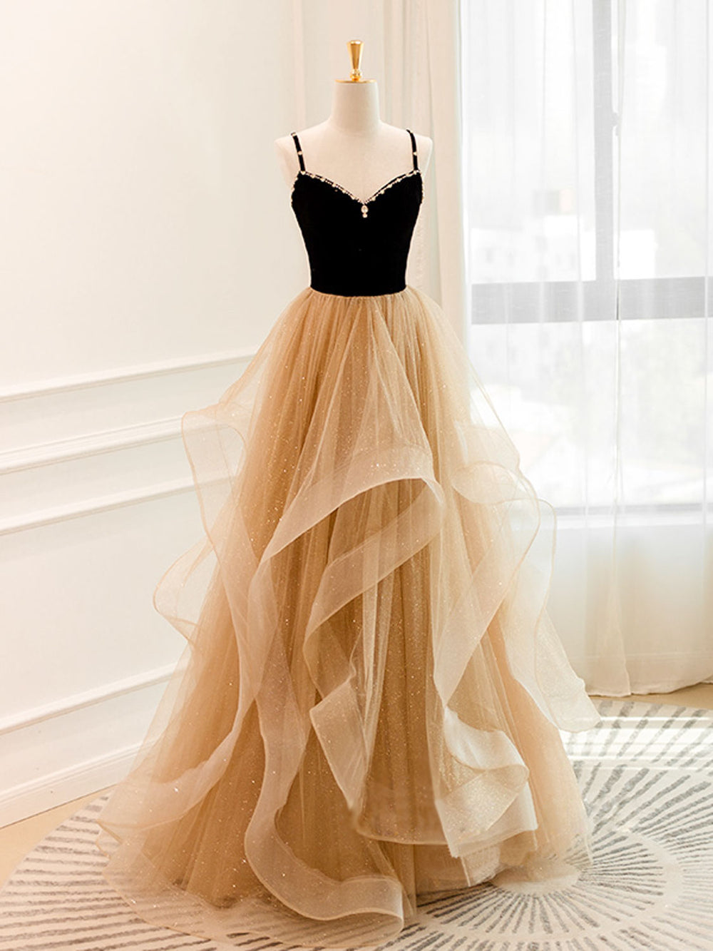 A-Line Champagne Tulle Long Prom Dress, Long Evening Dresses