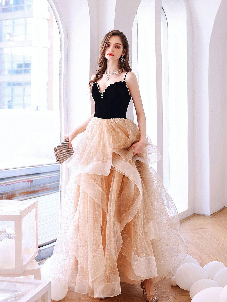 Champagne sweetheart neck tulle long prom dress backless evening dress
