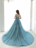 Blue sweetheart neck tulle lace long prom dress blue evening dress