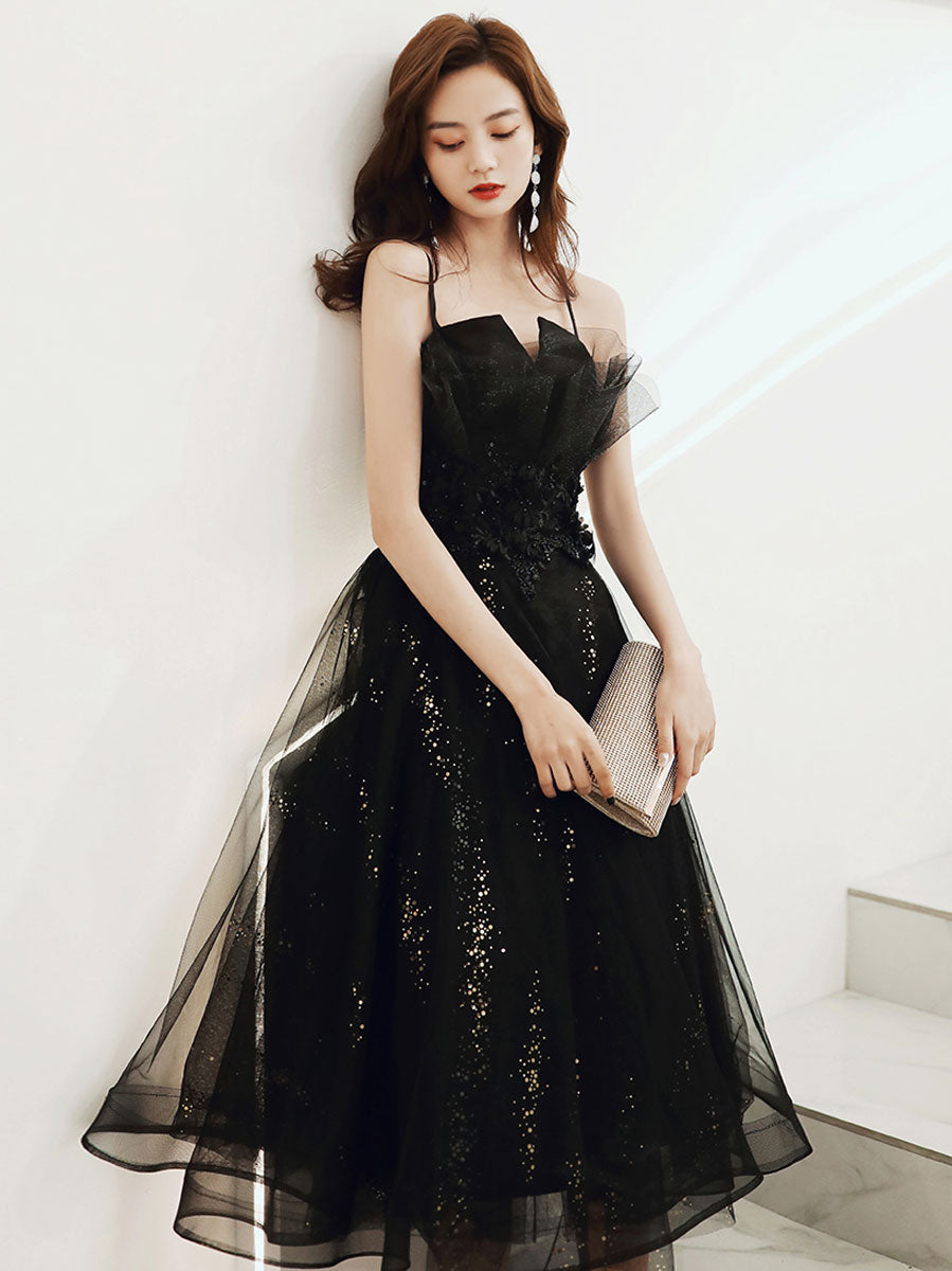 Black tulle sequin short prom dress, black tulle homecoming dress