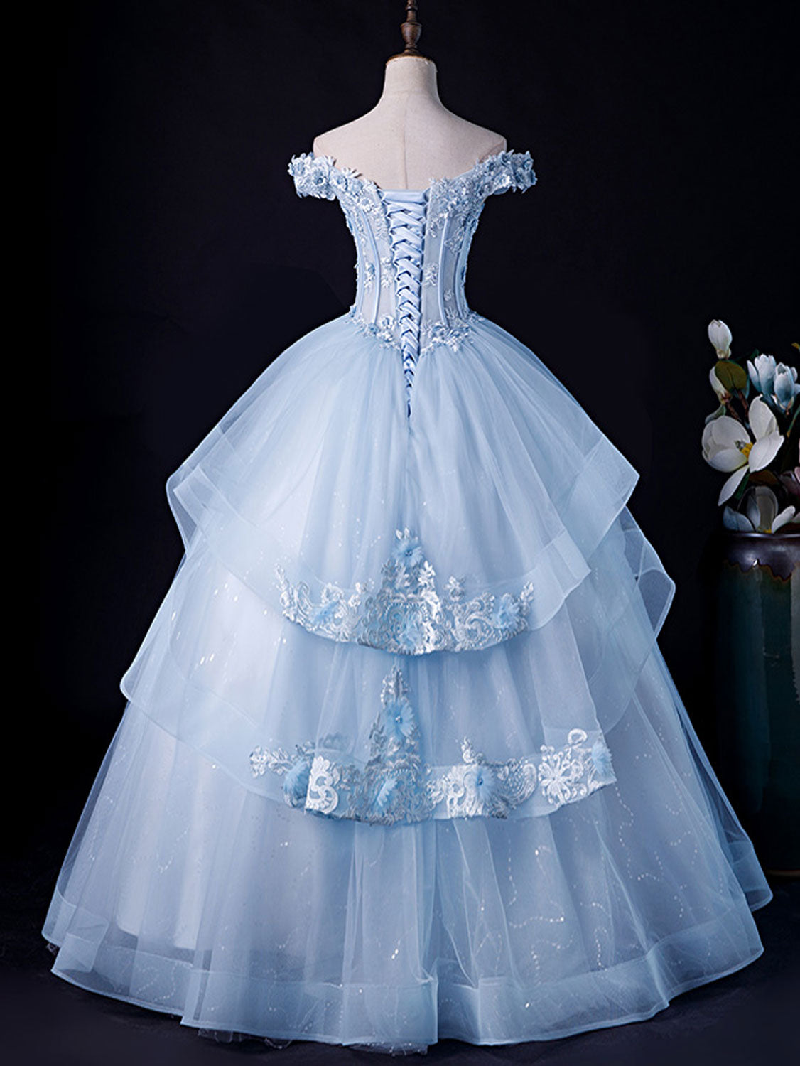 Blue A-Line Lace Tulle Long Prom Dress