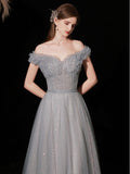 Gray Aline tulle long prom dress gray tulle formal party dress